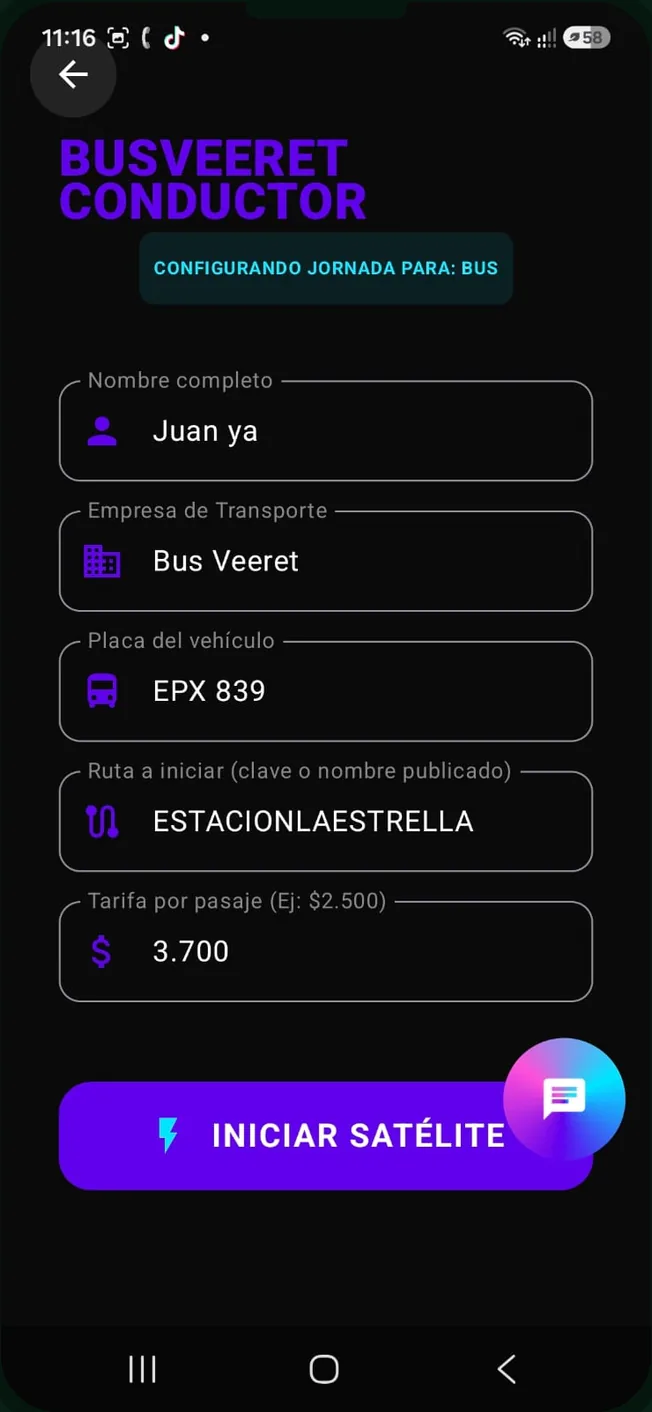 Pantalla de configuración de jornada del modo conductor de BusVeeret
