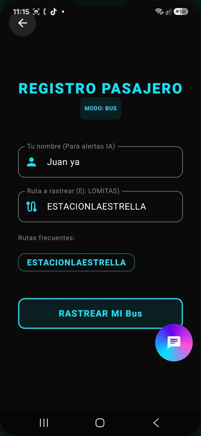 Pantalla de registro de pasajero de BusVeeret con el campo de ruta a rastrear